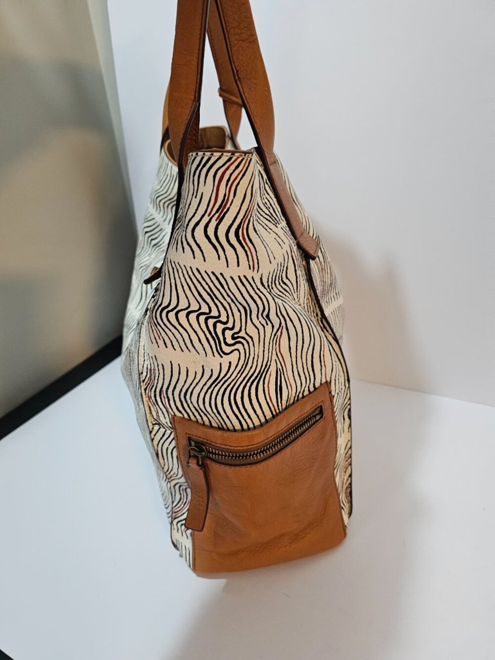 Fossil Bag Tote Leather Ripple Stripe White Camel Casual Office - Picture 5 of 13